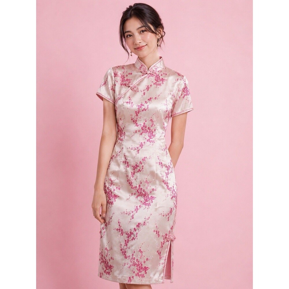Shanghai Story Cheongsam Dress Pink With Cherry Blossom Size XL New